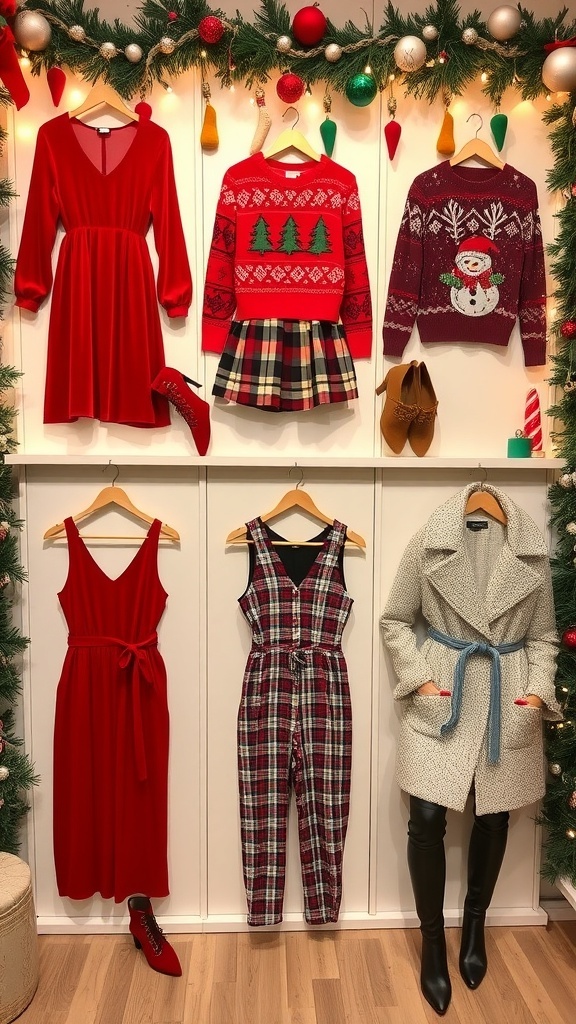 Stylish Christmas Aesthetic Outfits from Shein A collection of stylish Christmas outfits from Shein, including a red dress, Christmas sweater, plaid skirt, jumpsuit, and layered look, set against a festive background.